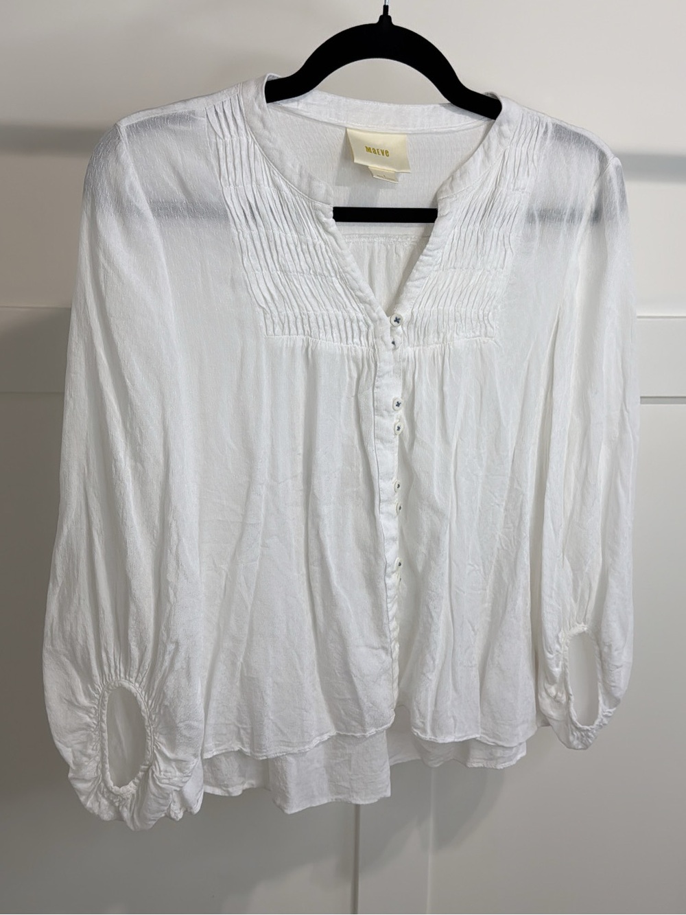 Maeve White Pintuck Flowy Peasant Button-Front Boho Blouse